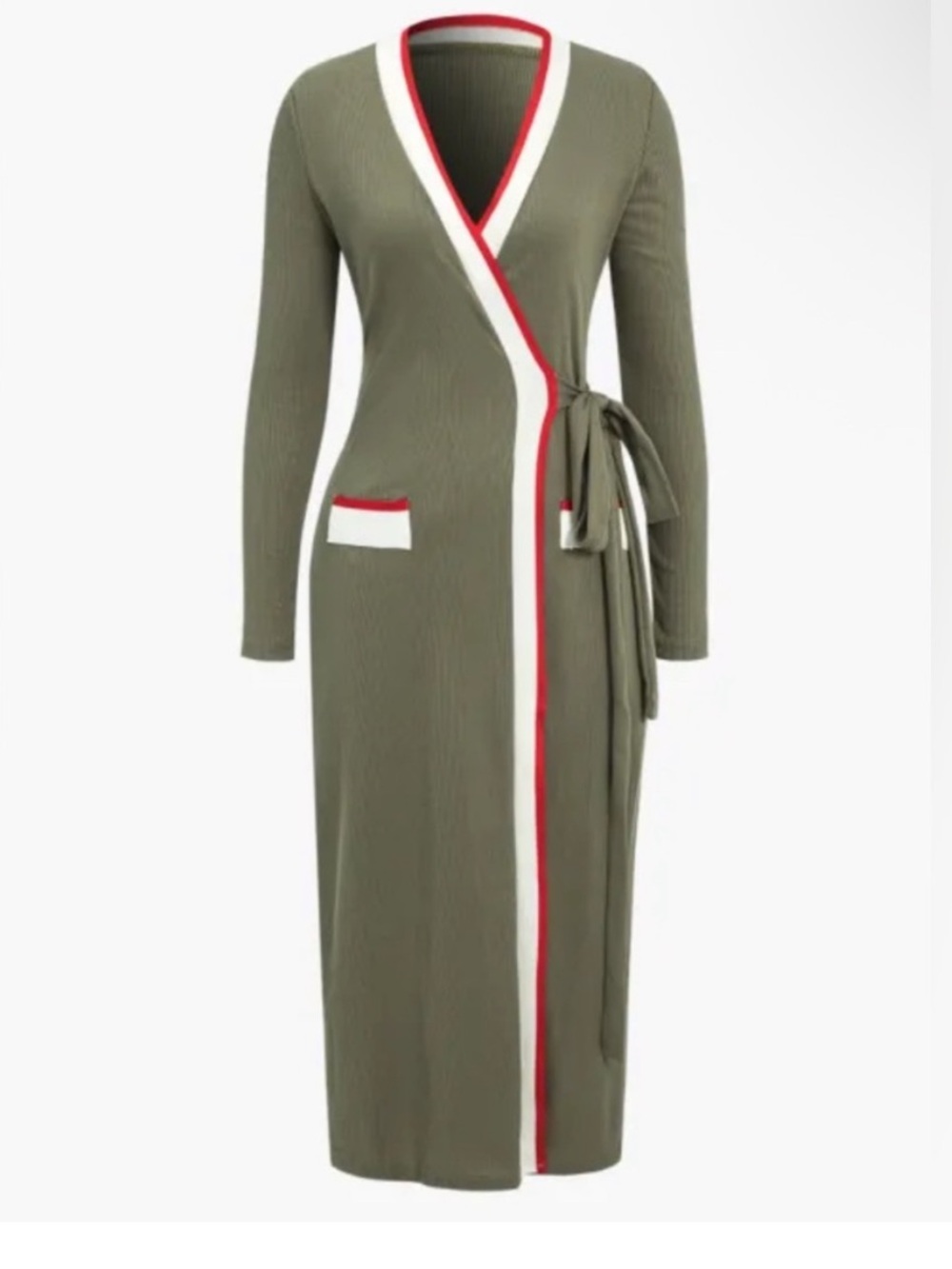 Mica's Military Olive Wrap Cardigan Wrap Dress with White and Red Trim